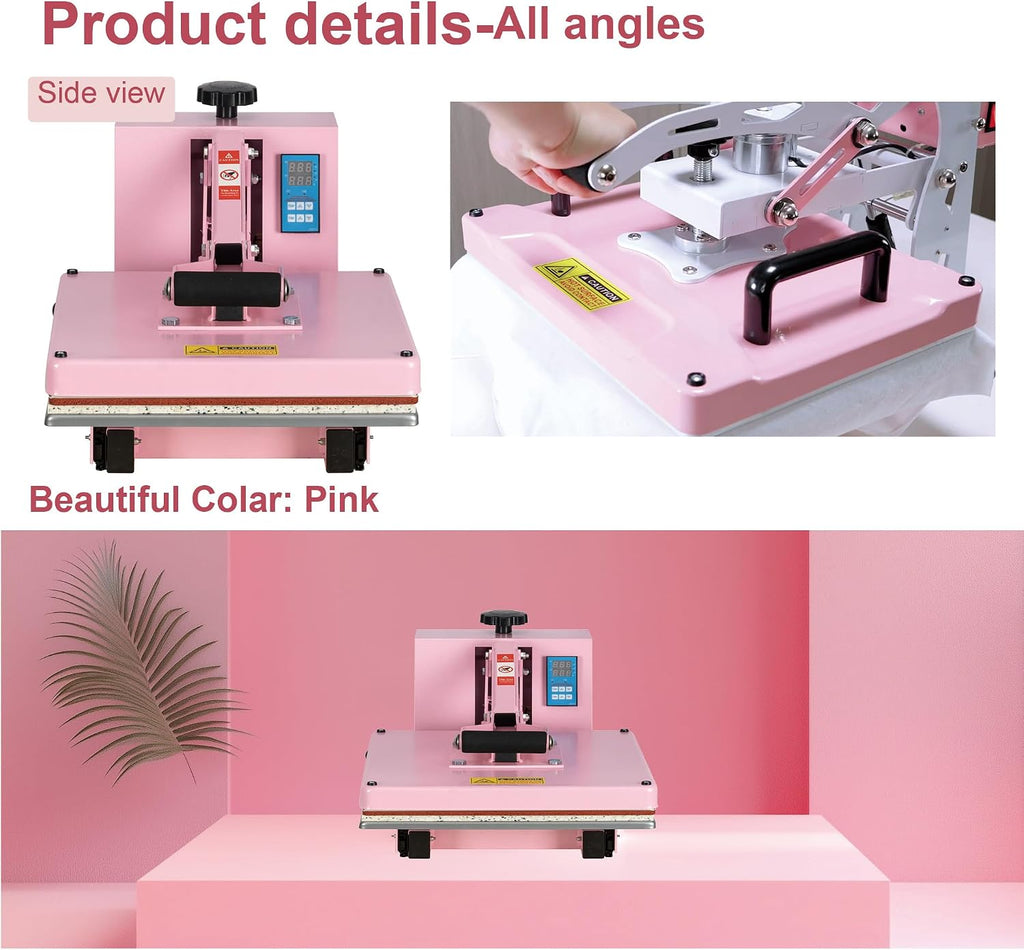15' x 15' Semi-auto Heat Press Machine for T-Shirts, Auto Open & Slide-Out Base, Clamshell Style, Digital Sublimation Printer for Vinyl, DIY & Small Business (Pink, L15 * W15)