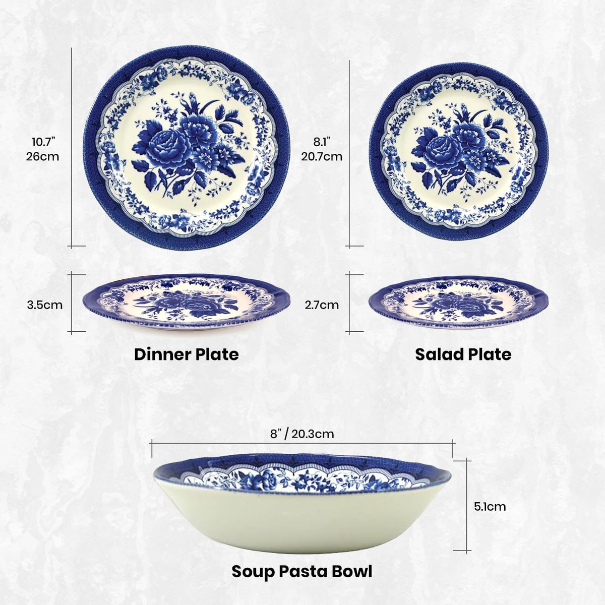 Tudor Royal 12-Piece Porcelain Round Dinnerware Set, Service for 4, Victoria Blue Design, Blue Floral, Plates Bowls Dishes, Glossy, Premium Quality Tableware, Unique Pattern