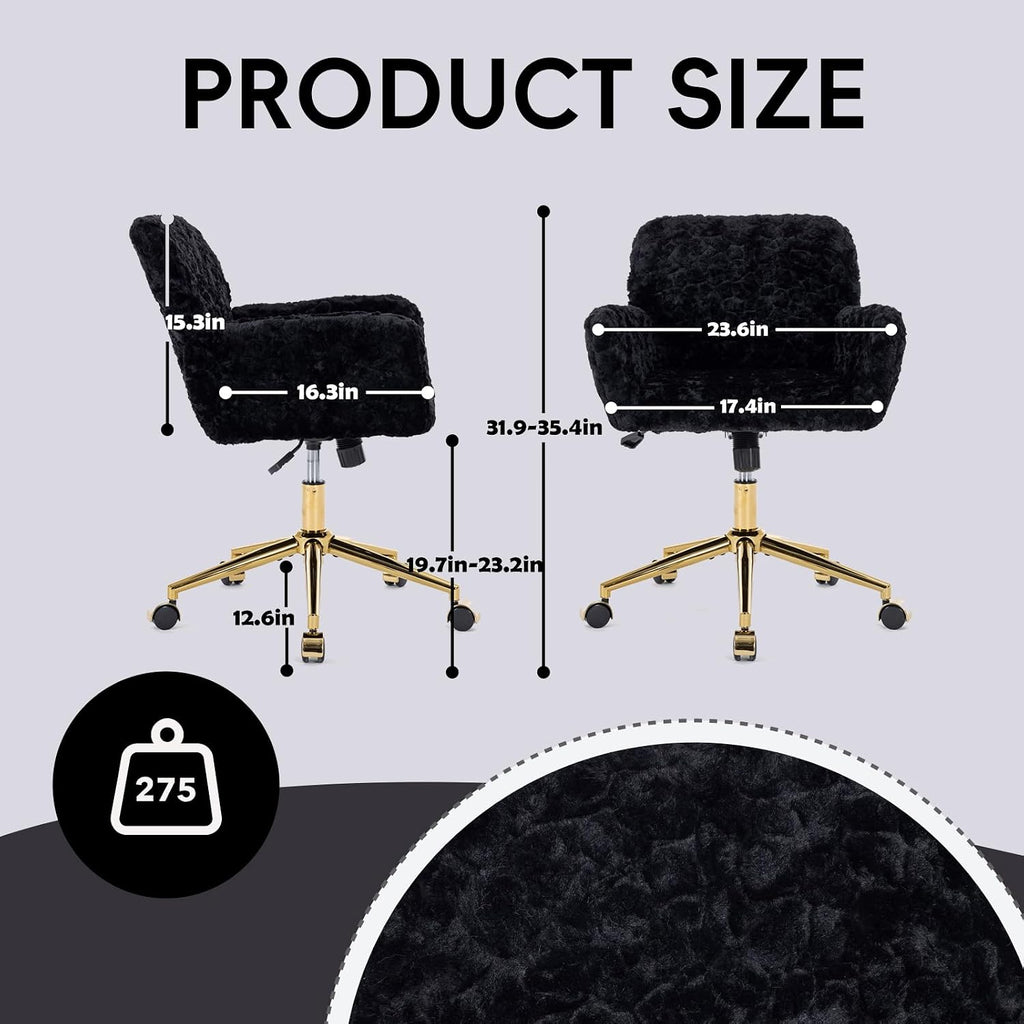 Plush Faux Fur Desk & Vanity Chair with Gold Base – Comfy Adjustable Girls Desk Chair, Makeup Chair, 360° Swivel, Tilt Backrest, Rolling Wheels – Modern Chic Home Office Seating,Black