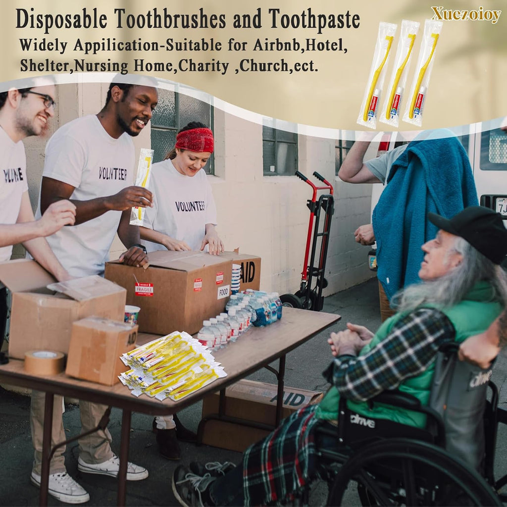 Disposable Toothbrushes with Toothpaste,1000 Pack Yellow Hollow Individually Wrapped Disposable Travel Toothbrushes Kit in Bulk for Homeless,Nursing Home,Hotel,Charity