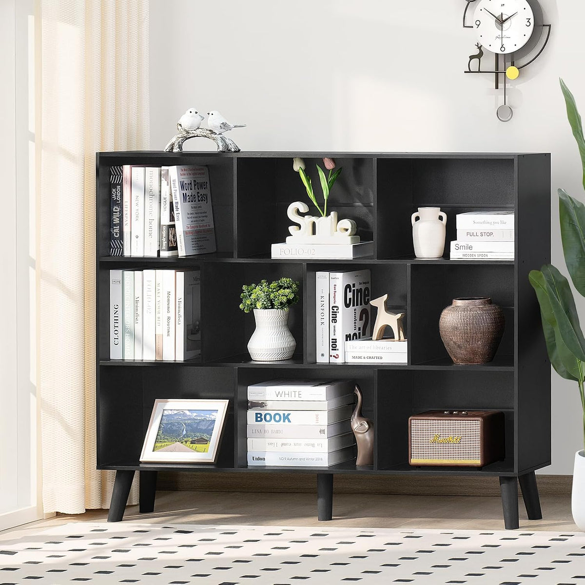 YAHARBO 10 Cube Large Bookshelf,3 Tier Bookcase with Legs,Black Mid-Century Modern Bookshelves,Wide Free Standing Open Storage Organizer Shelf,Tall Wooden Book Case Furniture for Living Room,Office