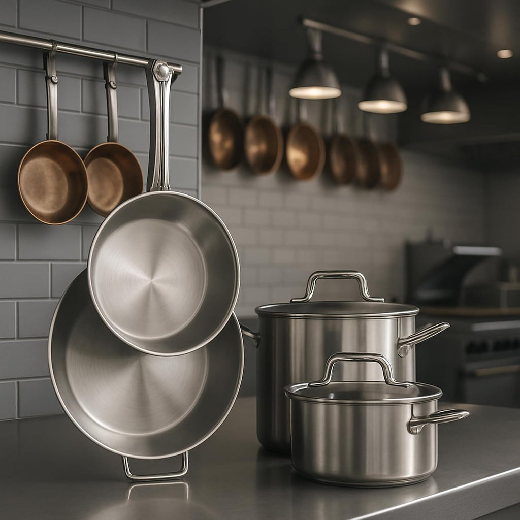 Stainless Steel Cookware Set With 3 Qt. Saucier, 3 Qt. Saute, And 9.5' Frying Pan, Stainless Pots And Pans For Kitchen Clad (5 Piece)