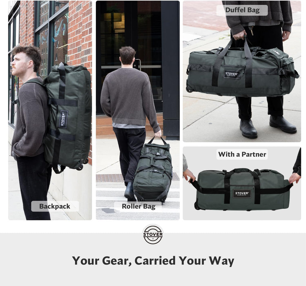 STOVER 45/80/100L Rolling Duffel Bag with Wheels, Large Durable Travel Duffle + Toiletry Bag, Heavy Duty, Packable, Foldable with Shoulder Straps- Use as Luggage or Backpack, Men/Women (Grey)