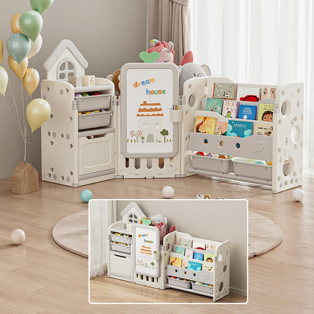 DEYGIA 3 in 1 Kids Toy Storage Organizer with Drawing Board, Foldable Multifunctional Toy Organizer with 4 Removable Bins and 3-Tier Bookshelf for Kids Bedroom Playroom Living Room, Off-White