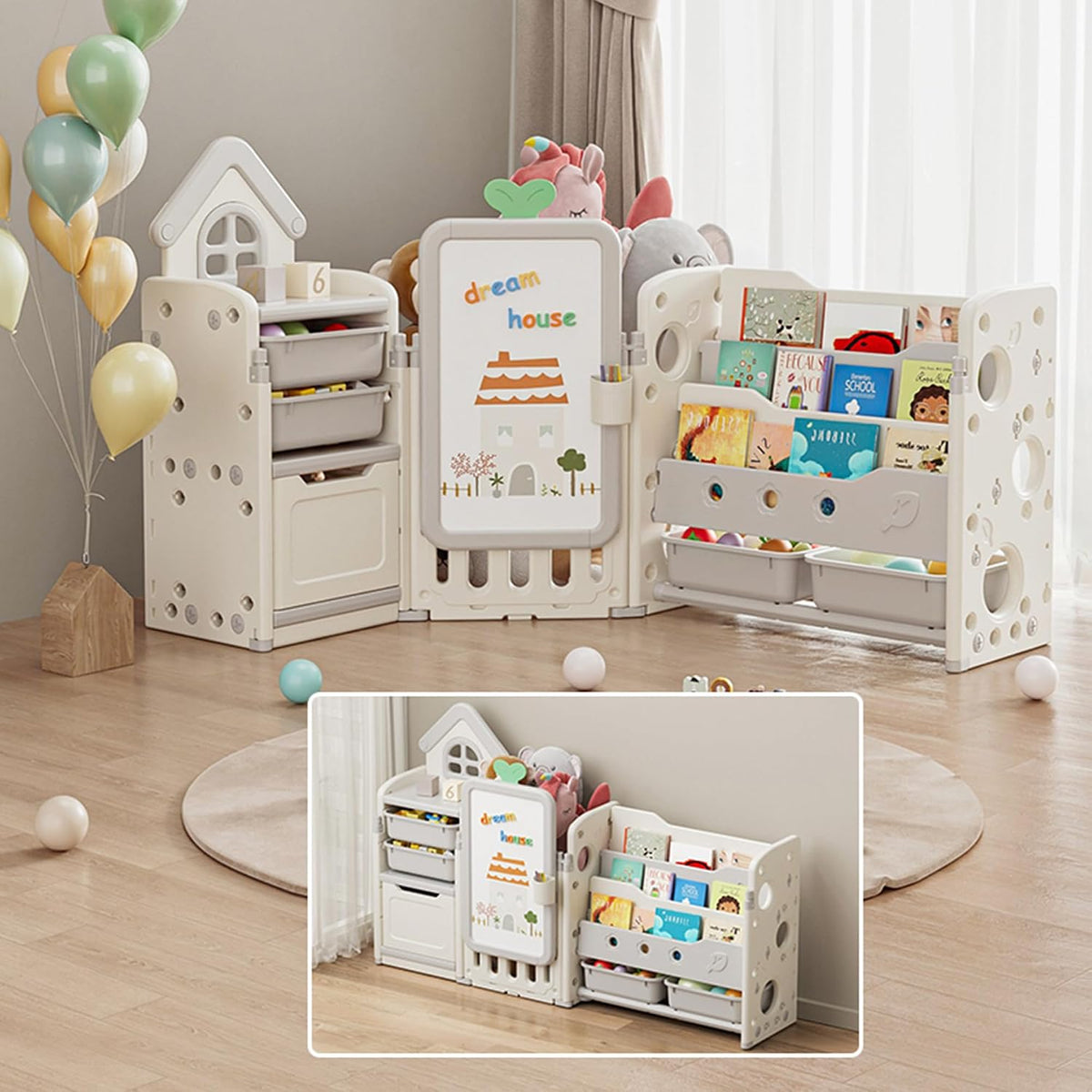 DEYGIA 3 in 1 Kids Toy Storage Organizer with Drawing Board, Foldable Multifunctional Toy Organizer with 4 Removable Bins and 3-Tier Bookshelf for Kids Bedroom Playroom Living Room, Off-White