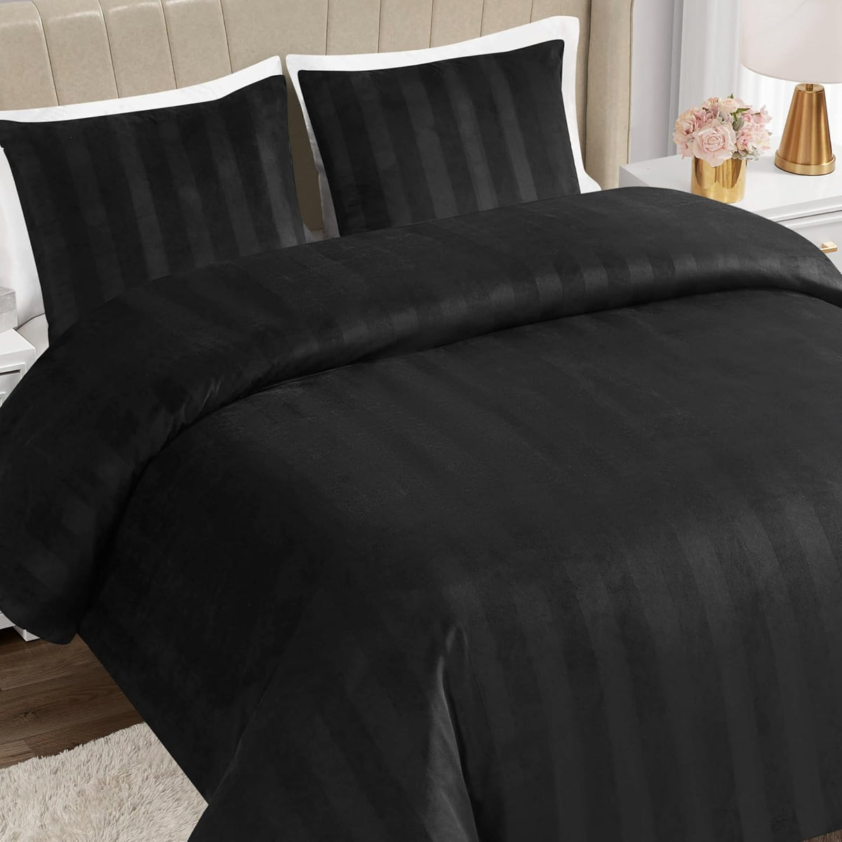Juicy Couture Jenny Velour Striped Jacquard Queen/Full Size Comforter Bedding Set Ensemble - Black 3 Piece Set