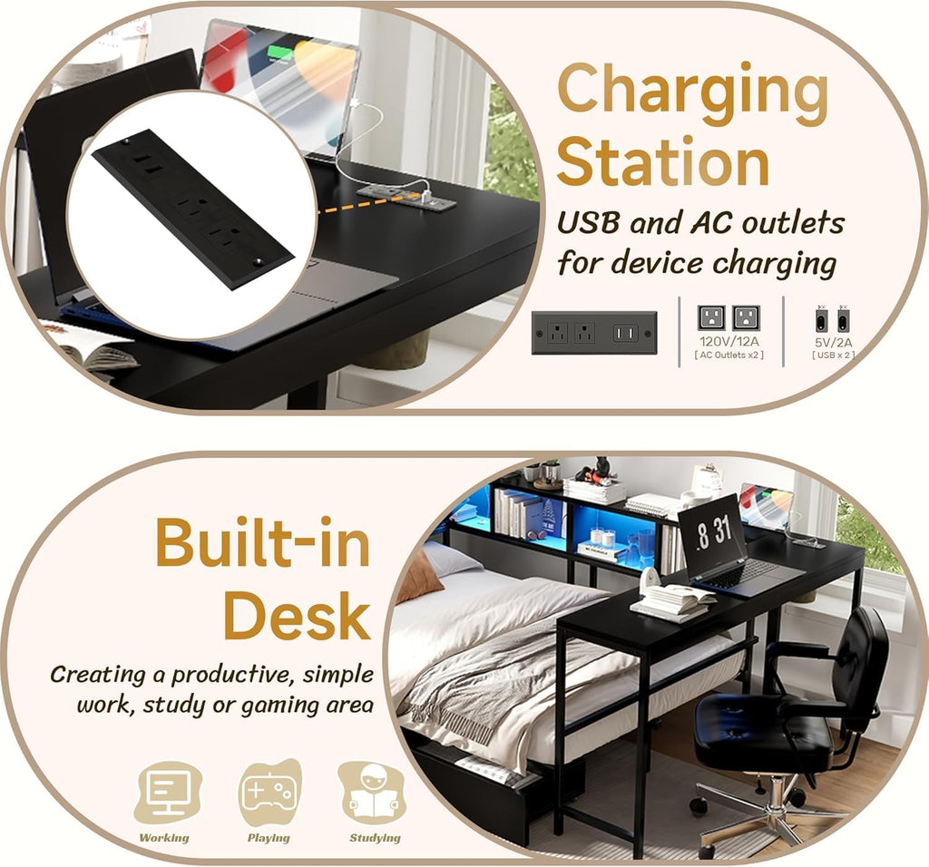 Full Corner Bed Frame with Desk, LED Lights & Charging Ports, L-Shaped Daybed with Storage Drawers, Bookcase & Open Shelves, Modern Full Size Daybed for Kids, Teens & Compact Bedrooms,Black