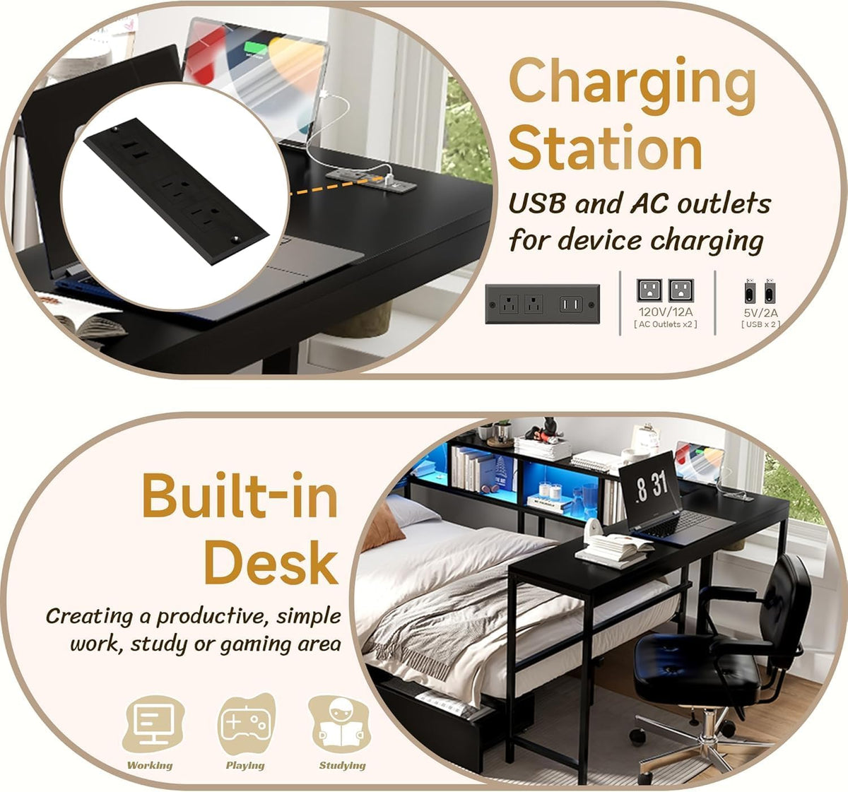 Full Corner Bed Frame with Desk, LED Lights & Charging Ports, L-Shaped Daybed with Storage Drawers, Bookcase & Open Shelves, Modern Full Size Daybed for Kids, Teens & Compact Bedrooms,Black