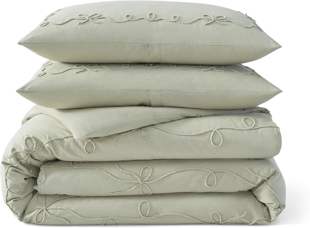 Peri Home Bows Duvet Cover Set 100% Cotton 3-Piece Bedding, King, Green Sasha Bows