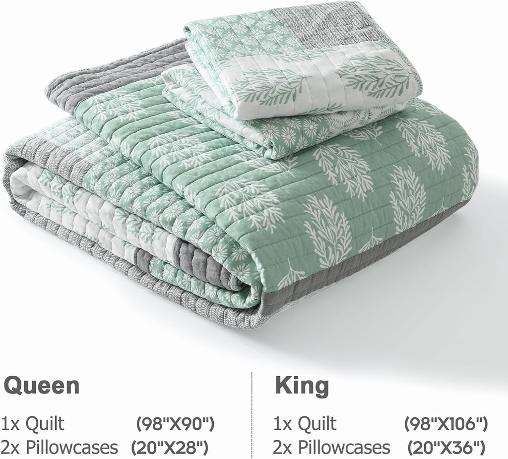Finlonte Quilts Queen Size, 100% Cotton Queen Comforter Set, Green Grey Farmhouse Quilted Bedspread, Patchwork Lightweight Reversible Quilt Bedding Set for Queen Bed, 3-Pieces