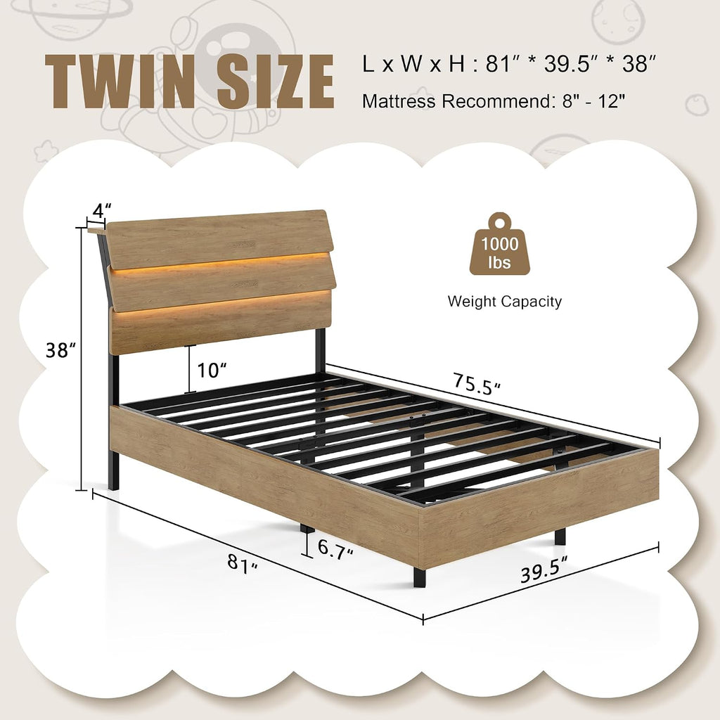 Einhomn Twin Bed Frames with LED Light and Charging Station, Floating Wooden Bed Frame, Heavy Duty Metal Slats, No Box Spring Needed, Noise Free, Easy Assembly, Oak