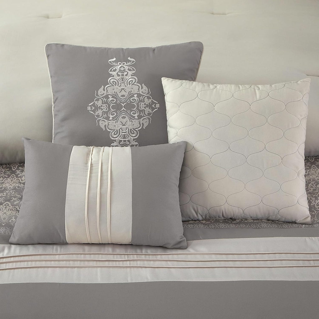 LANCO MODERN LIFESTYLE Grey Queen Comforter Set, Damask Jacquard with Matching Solid Piece Work, 7 Piece Soft Bedding Set for All Season, Bed Skirt, Pillow Shams and Decorative Pillows