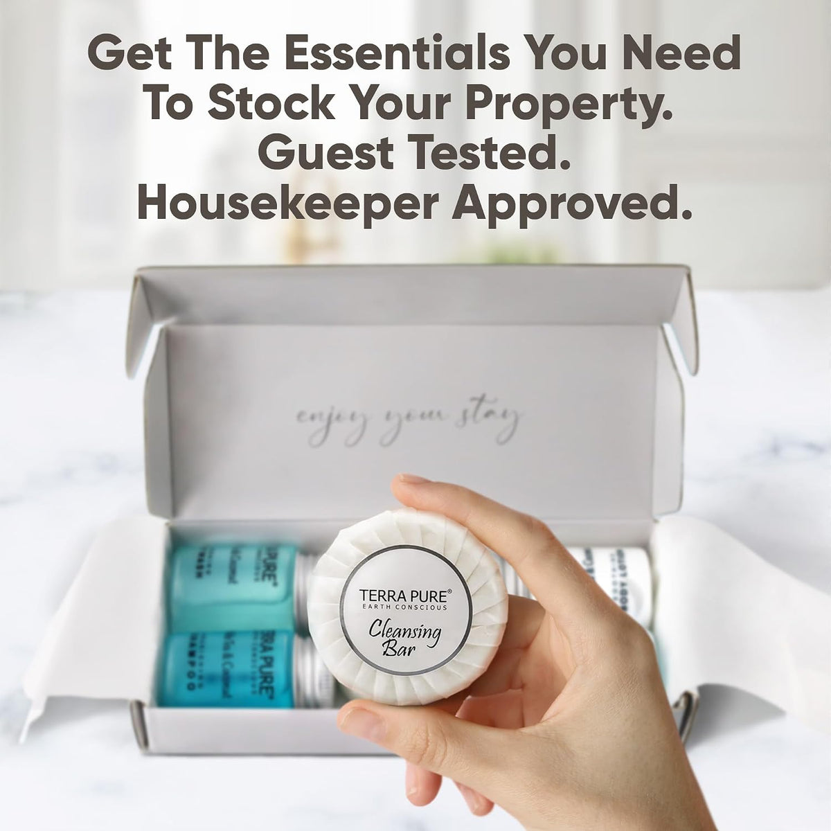 Terra Pure White Tea & Coconut Amenity Kit | Hotel Bulk Toiletries | 1 oz Shampoo, Conditioner, Lotion, Body Wash, Cleansing Bar for Guest Hospitality Vacation Rentals | 60 Sets/Case