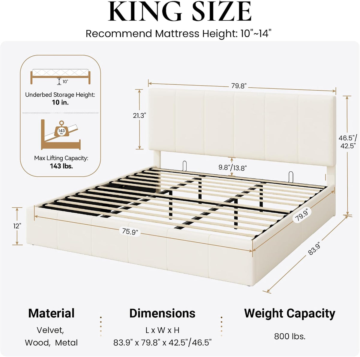 SHA CERLIN King Size Lift Up Storage Bed Frame, Adjustable Headboard, Hydraulic Support, Velvet Upholstered, Easy Installation, No Box Spring Needed, Cream