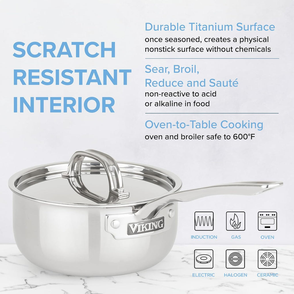 Viking 4-Ply Sauce Pan with Lid, 3 Quart Laser Clad Titanium Performance Ti Saucepan Cooking Pot, Dishwasher and Oven Safe, Induction Ready, Blue/Silver