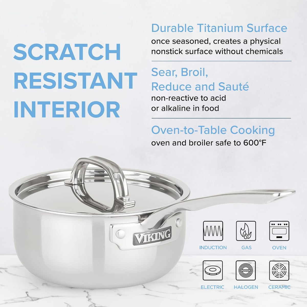 Viking 4-Ply Sauce Pan with Lid, 3 Quart Laser Clad Titanium Performance Ti Saucepan Cooking Pot, Dishwasher and Oven Safe, Induction Ready, Blue/Silver