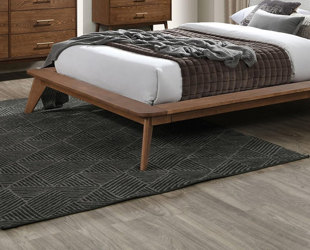 Gorgeous Walnut 3pc Bedroom Set King Size Bed 2X Nightstands Beige Upholstered Fabric Winged Edge Panel HB Mid-Century Modern Style