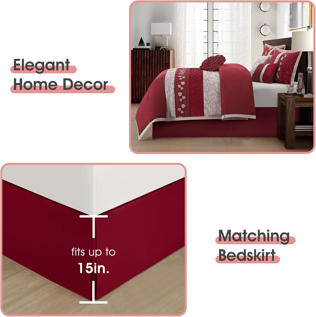 LANCO MODERN LIFESTYLE Wine Comforter Set Queen Size, 7 Piece Bedding Set for All Seasons, Elegant Microfiber Embroidery Floral, Bedskirt, Shams and Decor Pillows