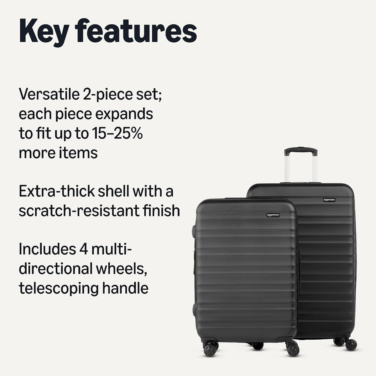 Amazon Basics 2-Piece Hardside Luggage Set (21' Carry-on, 30'), Expandable Suitcases with Spinner Wheels, Scratch-Resistant Surface, Black