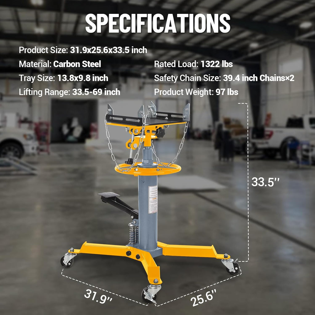 1322Lb Heavy Duty Transmission Jack, 33.5'-69' High Lift Hydraulic Telescoping Transmission Jack, 2-Stage Telescopic Transmission Stand with Foot Pedal & 360° Swivel Wheel, Yellow