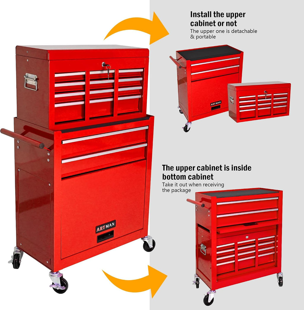8-Drawer Tool Chest,Rolling Tool Box with Detachable Top Toolbox & Key Lock,Tool Cabinet with Universal Lockable Wheels,Lock Bar,Protective Liner,Metal Storage Cart for Garage,Workshop (Red)