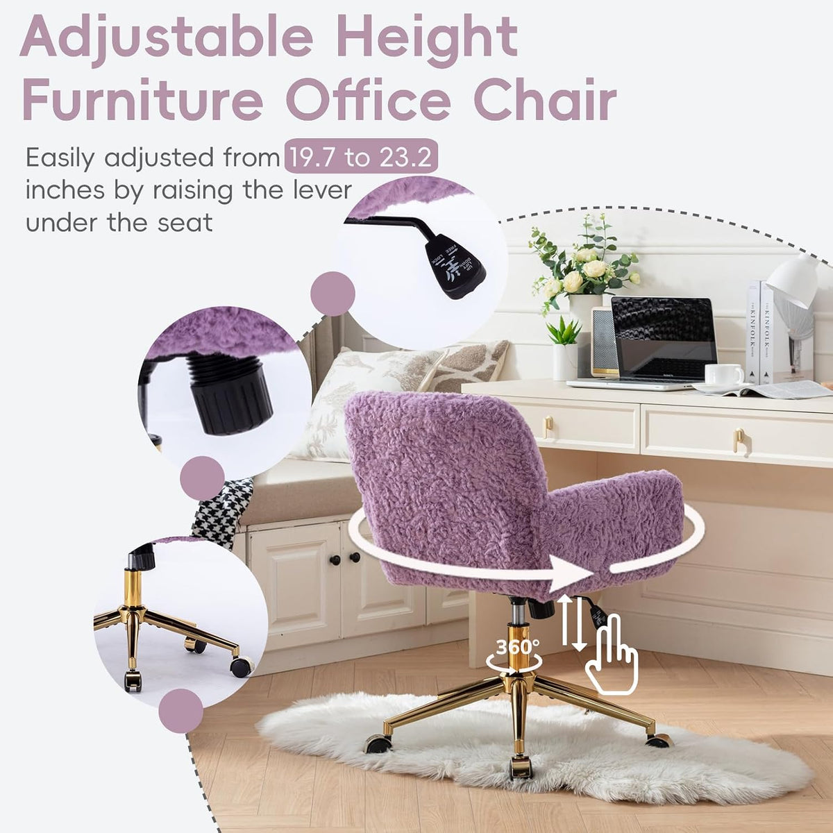 Plush Faux Fur Desk & Vanity Chair with Gold Base – Comfy Adjustable Girls Desk Chair, Makeup Chair, 360° Swivel, Tilt Backrest, Rolling Wheels – Modern Chic Home Office Seating,Violet