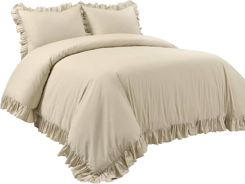 Lush Decor Reyna Ruffle Cotton Duvet Cover Set 3 Piece Set Full/ Queen, Wheat - Queen Size Bedding Set - Beige Duvet Queen- Ruffled Bedding - Coquette Decor