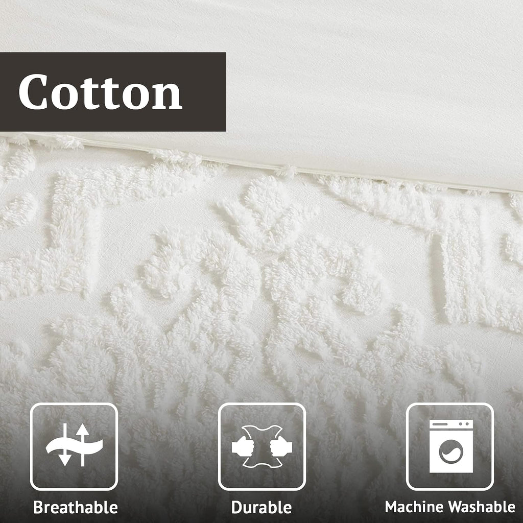 Madison Park Tufted Chenille Cotton Comforter, All Season Bedding Set, Matching Shams, Viola, Damask Off White Full/Queen(90'x90') 3 Piece