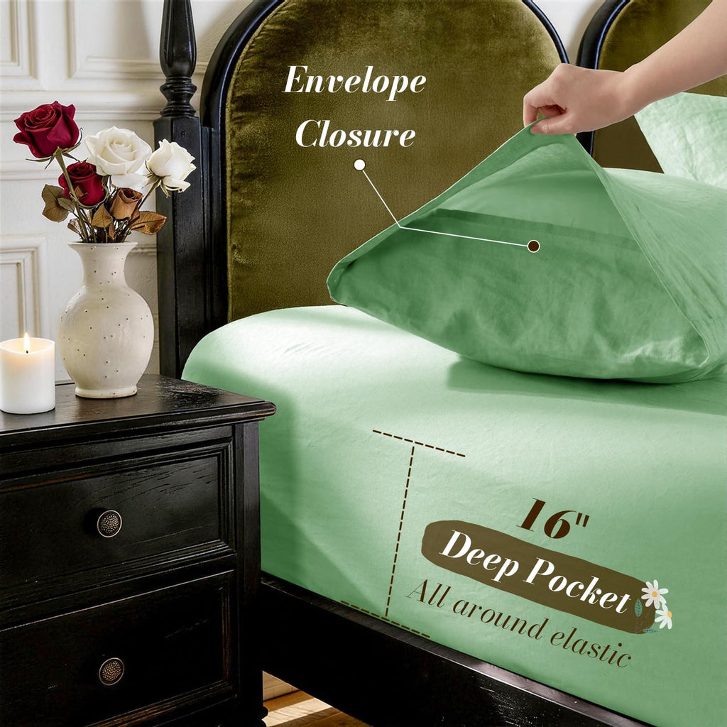 SONORO KATE 100% French Pure Linen Sheets, Breathable and Durable Linen King Size Sheets, Anti-Tear Linen Bed Sheets, Machine Washable, 16 Inch Deep Pocket - 4 Piece (Green, King)
