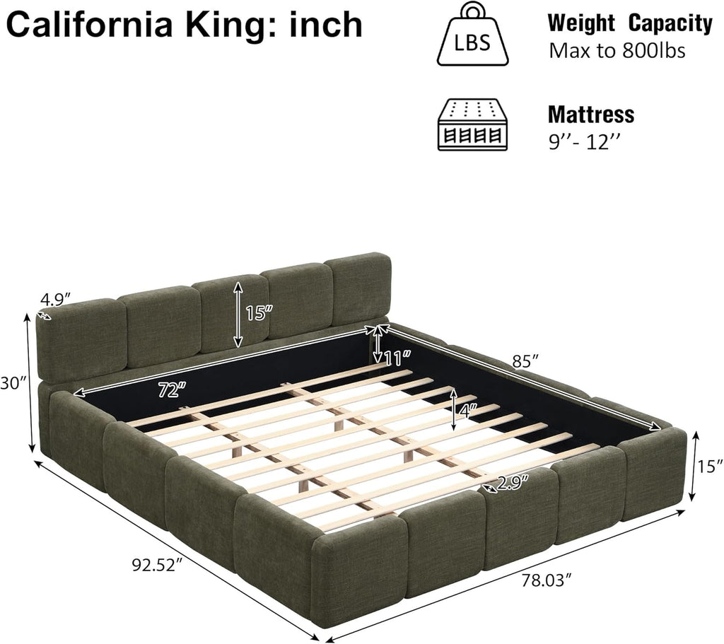 JIJIWANG California King Boucle Upholstered Platform Bed Frame, Linen Grounded Bed with Headboard and Footboard, Block Style Bed for Adults Kids Green