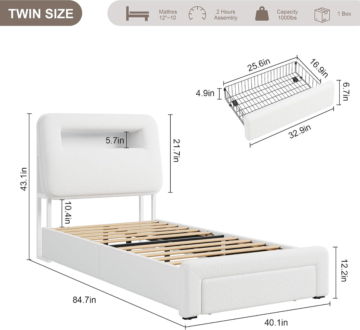 Twin LED Bed Frame with Storage Headboard & Charging Station, Kids Bed Frames with Bookcase, Teddy Fleece Upholstered Platform Bed Frames with 1 Storage Drawer, No Box Spring Needed, Beige