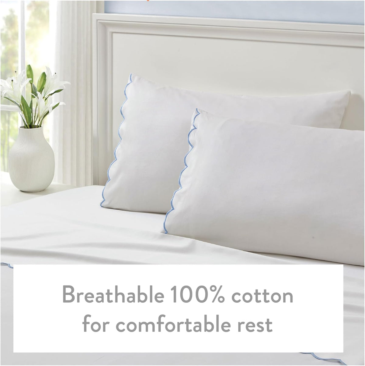 Peri Home Queen Size Sheet Set, 4 Piece Bed Sheets, Breathable Soft 300 TC 100% Cotton with Embroidered Scalloped Edge, 1 Flat Sheet, 1 Fitted, 2 Pillowcases, Queen, White with Blue Scallop