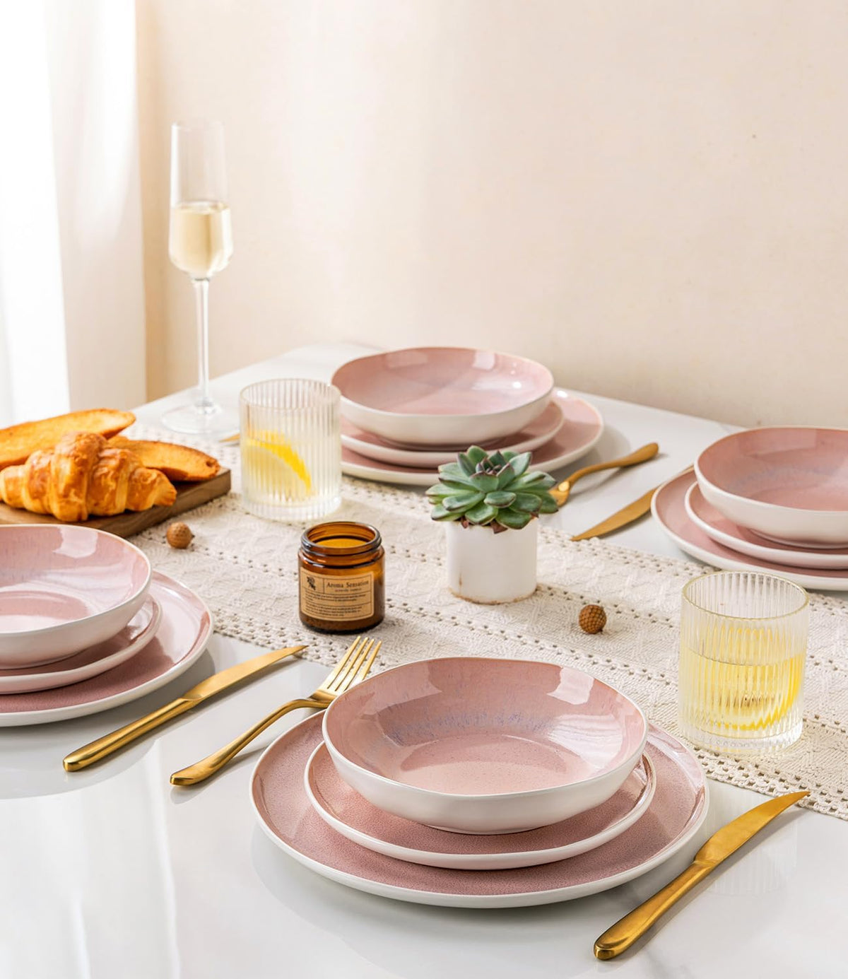 GBHOME Stoneware Dinnerware Sets for 6, 18 Pieces Rustic Ceramic Plates and Bowls Set, Handmade Reactive Glaze Plate Sets, Highly Chip Resistant Dishes, Microwave & Dishwasher Safe, Pink