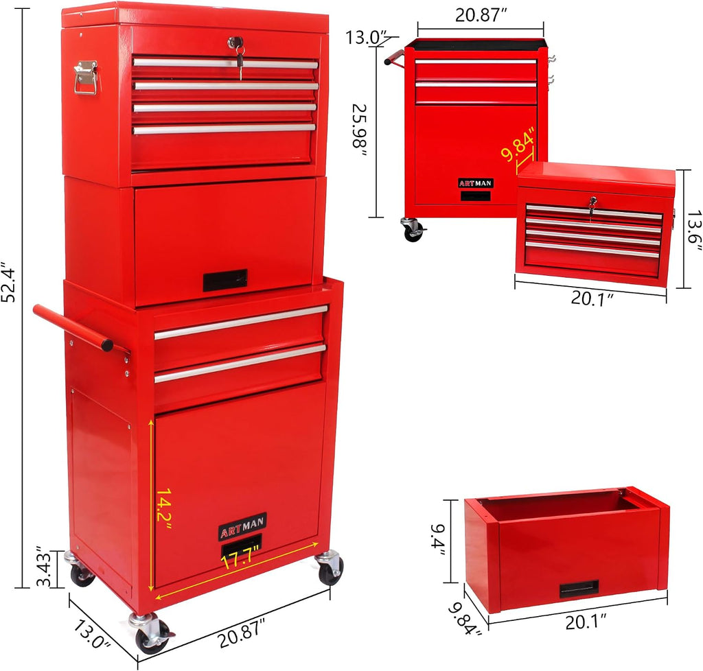 6-Drawer Tool Chest, 3-in-1 Rolling Tool Box with Detachable Top Toolbox & Key Lock,Tool Cabinet with Protective Liner & Universal Lockable Wheels,Metal Storage Cart for Garage,Workshop (Red)