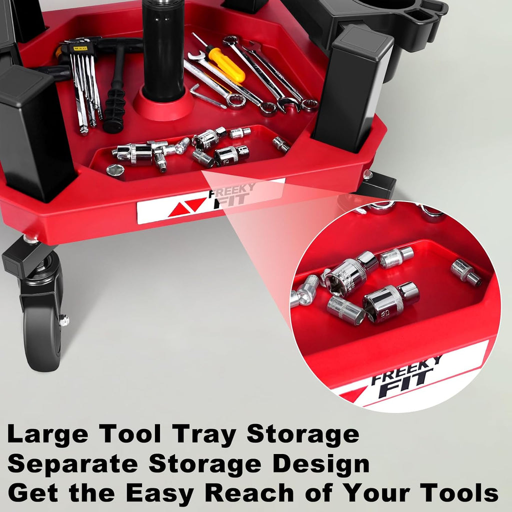Rolling Shop Stool with Wheels, Adjustable Garage Mechanic Stool Seat Shop Roller Work Chair Mobile Rolling Seat with Tool Tray, 2 Cup Holders, 4' Casters, 350 LBS, Heavy-Duty, Red