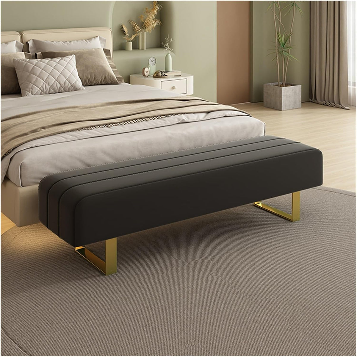 Bed End Bench End of Bed Bench,Modern Entryway Bench Faux Leather Upholstered Dining Bench,Vanity Bench with Metal Legs,Tufted Bedroom Bench for Makeup Room, Living Room, Bathroom Bedroom Bench(Black)