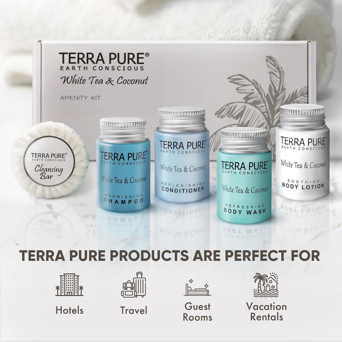 Terra Pure White Tea & Coconut Amenity Kit | Hotel Bulk Toiletries | 1 oz Shampoo, Conditioner, Lotion, Body Wash, Cleansing Bar for Guest Hospitality Vacation Rentals | 60 Sets/Case