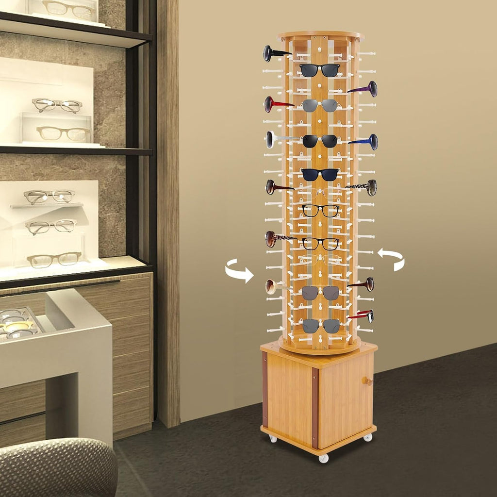 Sunglasses Storage Display Stand with Wheels Glasses Rack Organizer 5-Sided Eyewear Display Rack with Storage Cabinet for Home Retail Stores Shopping Malls, 66.14' (Light Brown)