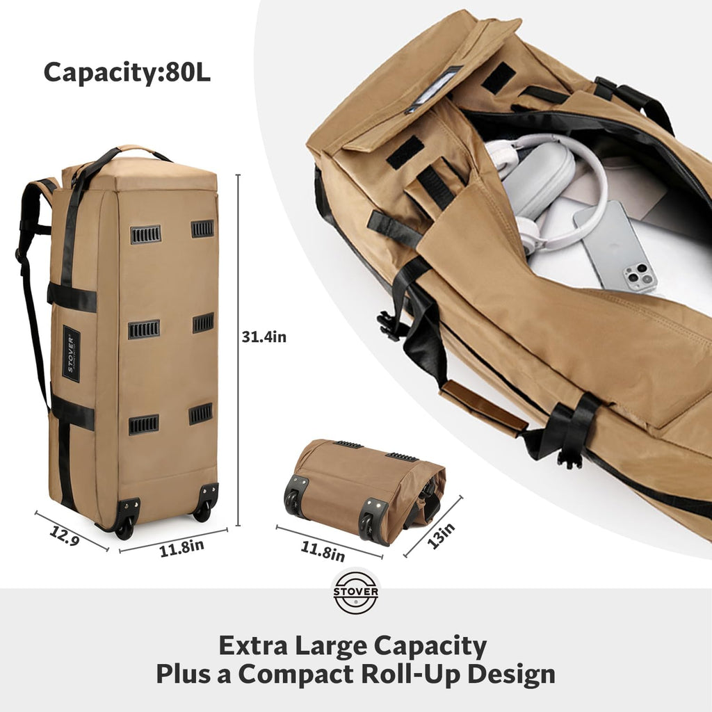 STOVER 45/80/100L Rolling Duffel Bag with Wheels, Large Durable Travel Duffle + Toiletry Bag, Heavy Duty, Packable, Foldable with Shoulder Straps- Use as Luggage or Backpack, Men/Women (Tan)