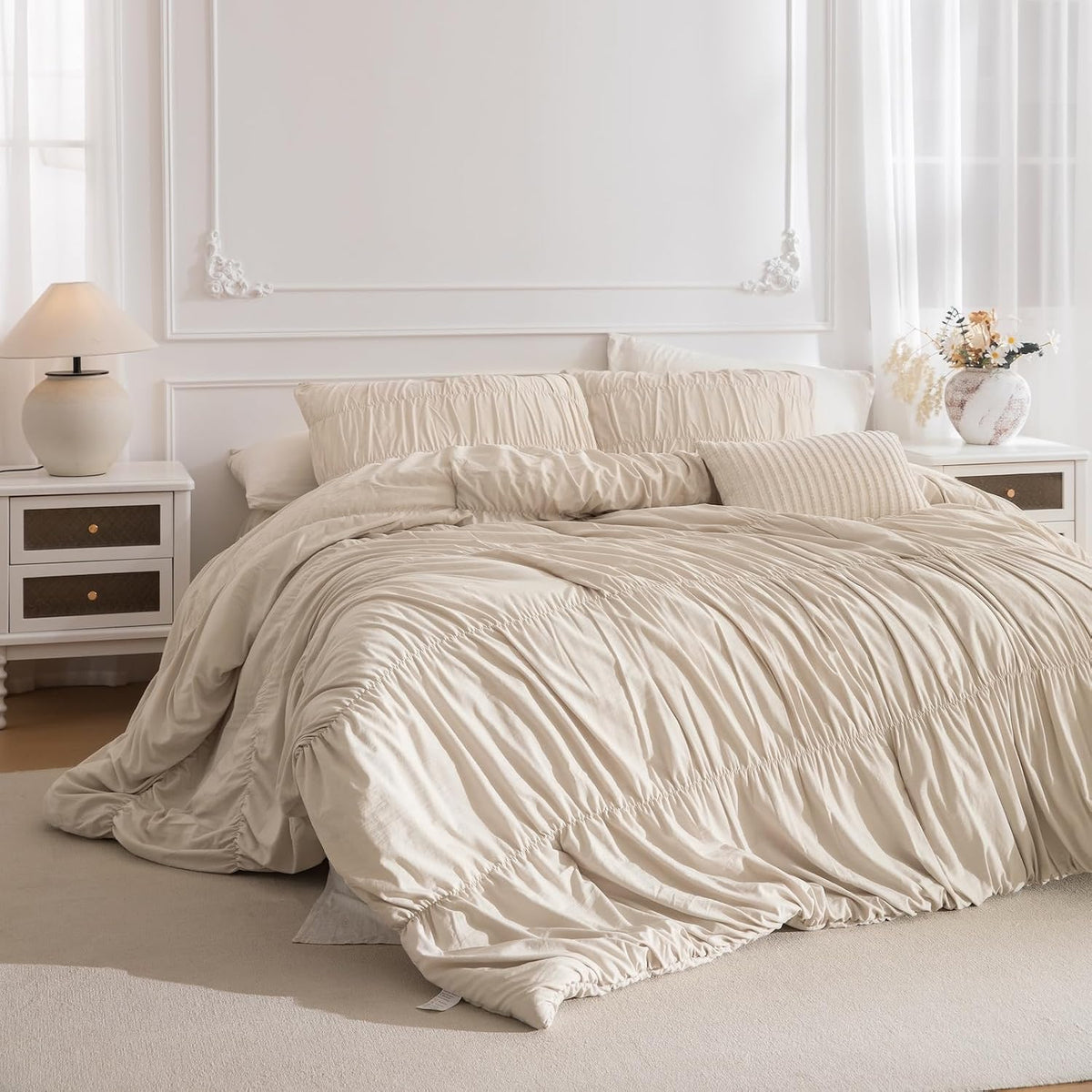 Lady Ann Oversized King Bed Comforter Set- Wheat Ruched Boho 128 x 120 Comforter Set for Bedroom, 3 Piece Fluffy Bedroom Set with Pillow Shams Soft All Season Bed Sets
