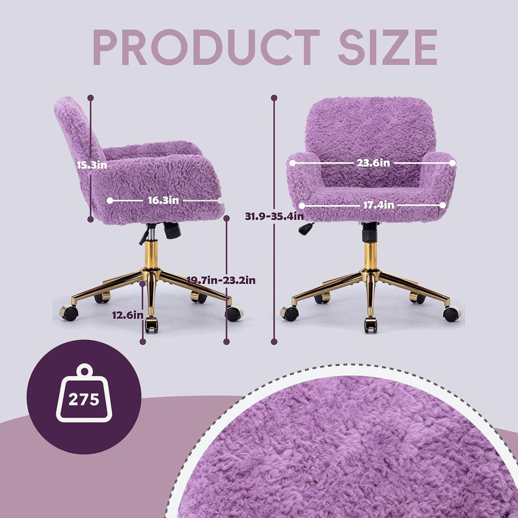 Plush Faux Fur Desk & Vanity Chair with Gold Base – Comfy Adjustable Girls Desk Chair, Makeup Chair, 360° Swivel, Tilt Backrest, Rolling Wheels – Modern Chic Home Office Seating,Violet