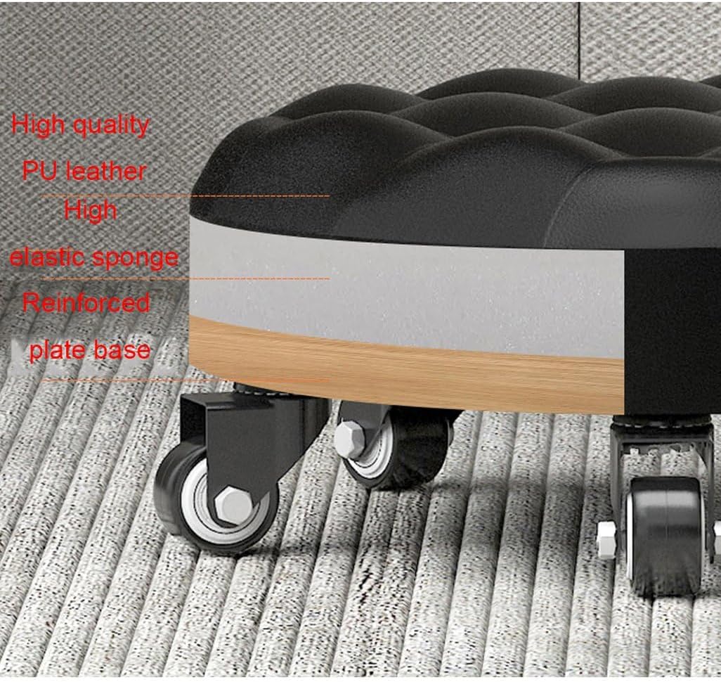 Heavy-Duty Low Roller Stool with 360° Swivel Wheels, Ottoman Footstool, Low-Height Short Rolling Stool Seat, PU Leather Small Mechanic Chair, Rolling Stools for Garage, Shop, Library Black