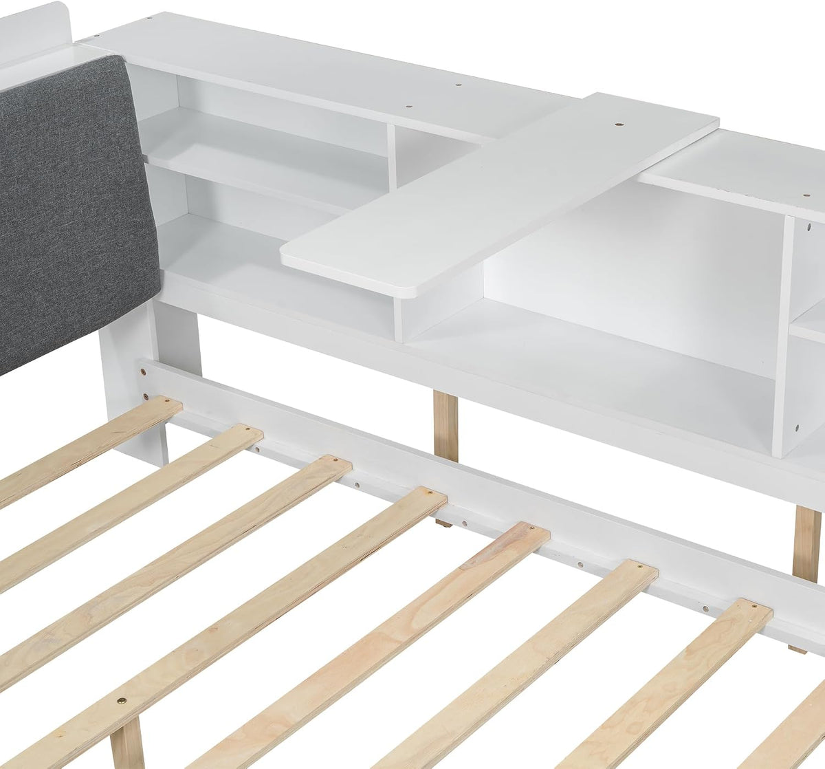 Merax Corner Full Bed Frame, Wood Platform Bed with Storage Headboard, Full Size Daybed with 2 Drawers and Rotatable Storage Board for Living Room,Bedroom,Guest Room,White