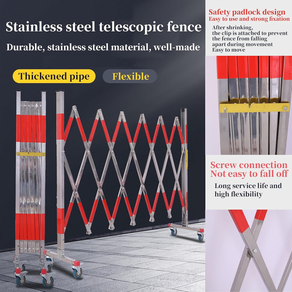 Expandable Retractable Stainless Steel Traffic Barrier - Mobile Industrial Fence with Universal Wheels for Safety Control - Easy to Use Flexible Gate System