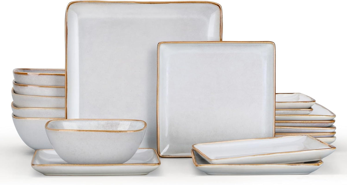 E-far Square plates and bowls Sets for 6, 18-Piece Reactive Glaze Stoneware Dinnerware Sets, Porcelain Dishware Sets for Kitchen Home, Microwave & Dishwasher Safe, Seashell White