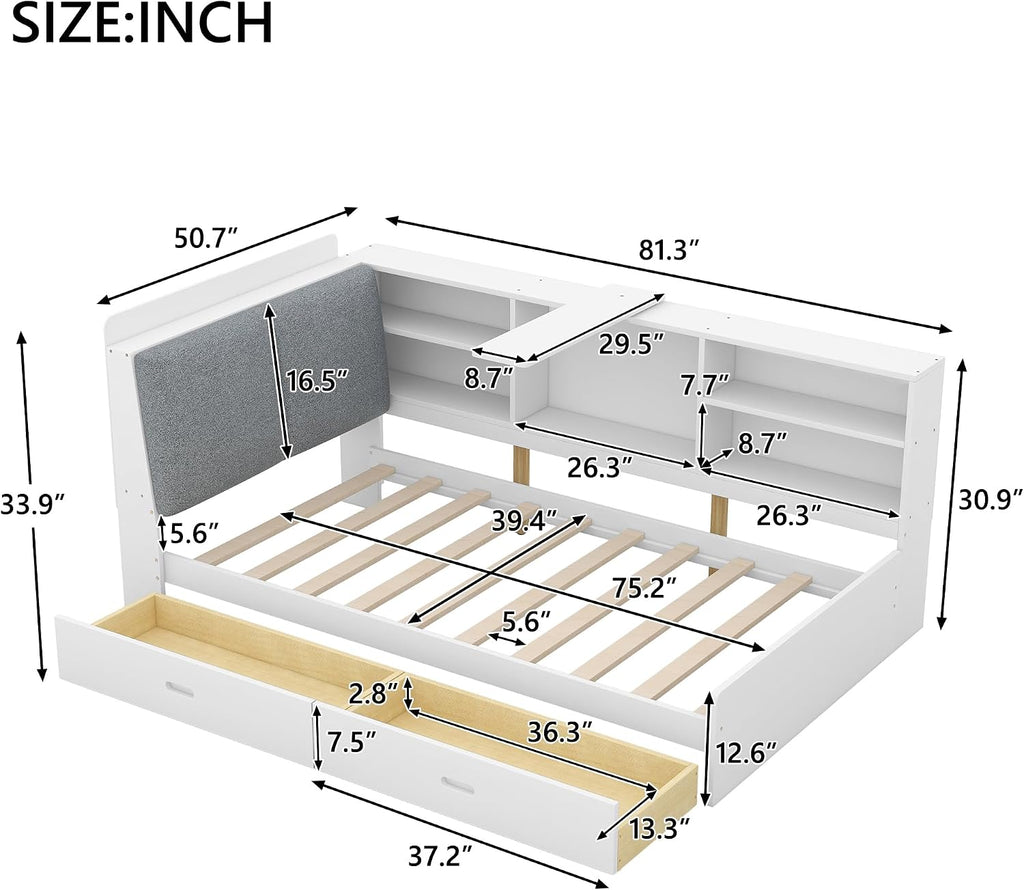 Merax Corner Twin Bed Frame, Wood Platform Bed with Storage Headboard, Twin Size Daybed with 2 Drawers and Rotatable Storage Board for Living Room,Bedroom,Guest Room,White