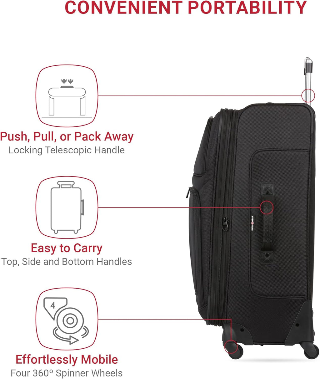 SWISSGEAR Sion Softside Expandable Spinner Luggage Durable Lightweight Travel Suitcase, Black, Checked-Large