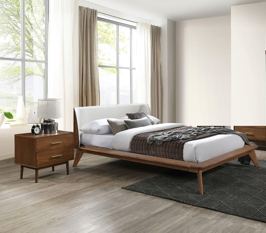 Gorgeous Walnut 3pc Bedroom Set King Size Bed 2X Nightstands Beige Upholstered Fabric Winged Edge Panel HB Mid-Century Modern Style