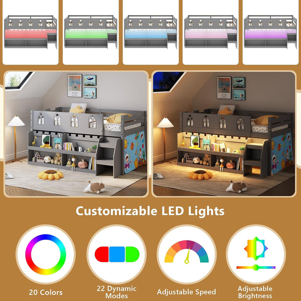 JOYMOR Low Loft Bed with LED Lights, Twin Loft Bed with Stairs, Safety Guardrail, Curtain, Wooden Bed Frame for Kids with Storage Bookcase and Under-Bed Play Space (Gray)