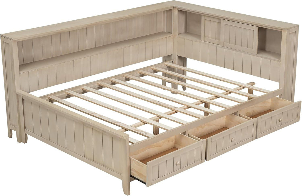 Merax Corner Full Bed Frame with Bookcase Storage, Wood Platform Bed Frame with 3 Drawers, Full Size Daybed with Storage for Living Room,Bedroom,Guest Room, Antique White